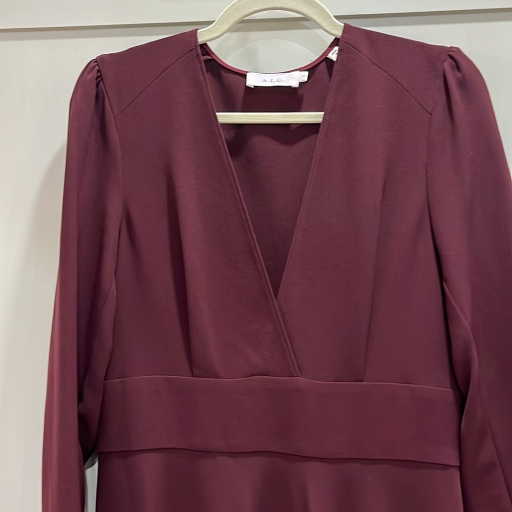 EUC ALC Loyola long sleeve plum fit and flare v neck dress with asymmetrical hem - Picture 4 of 12
